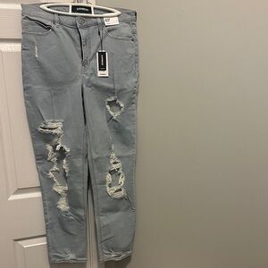 Express Sky Blue Ripped Ankle Jeans